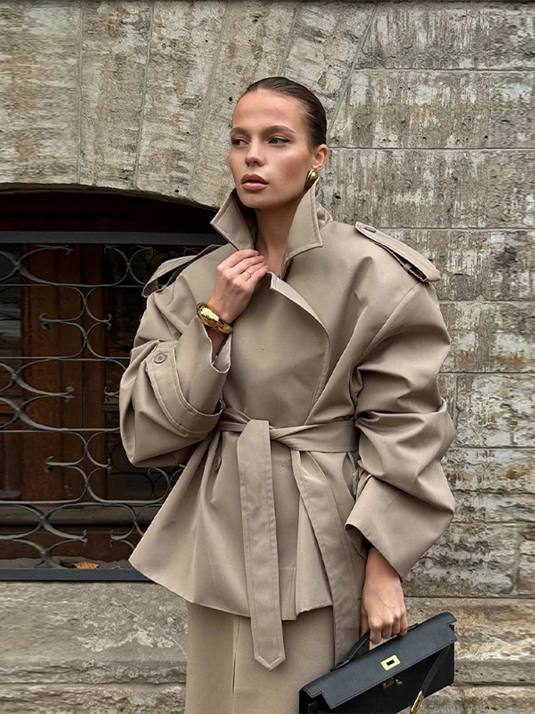 Casual Loose Jackets Women Lapel Long Sleeves Belt Double Breasted Short Windbreaker 2025 Spring Fashion Chic Streetwears Lady 250728