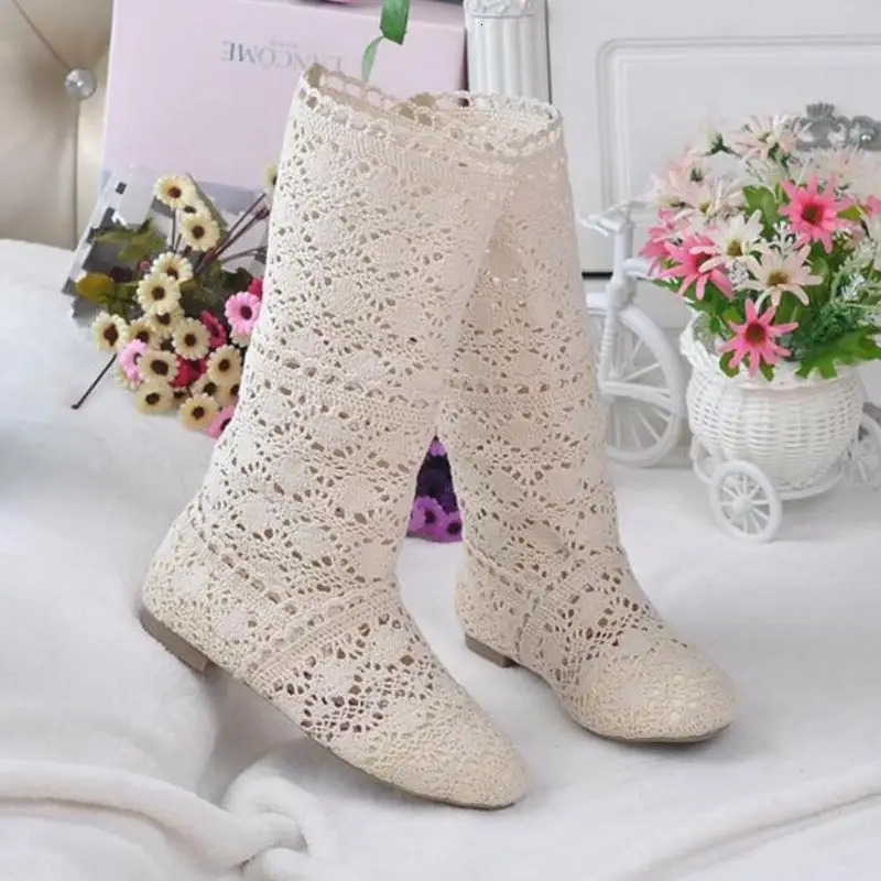 Hollow Boots Shoes Breathable Knit Line Mesh Korean High Summer Women Knee Womens 250801