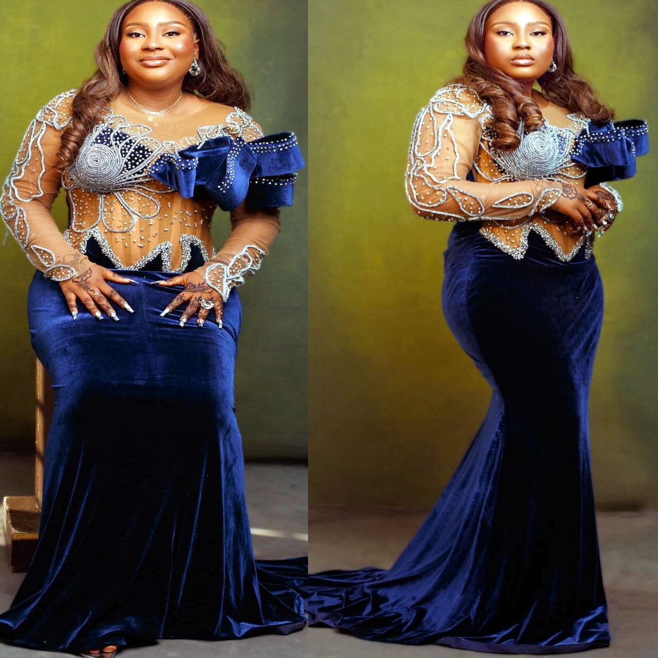 Mermaid Royal Blue Prom Dresses 2025 Crystals Velvet Illusion Evening Formal Party Second Birthday Engagement Gowns Plus Size Dress For Special Occasi
