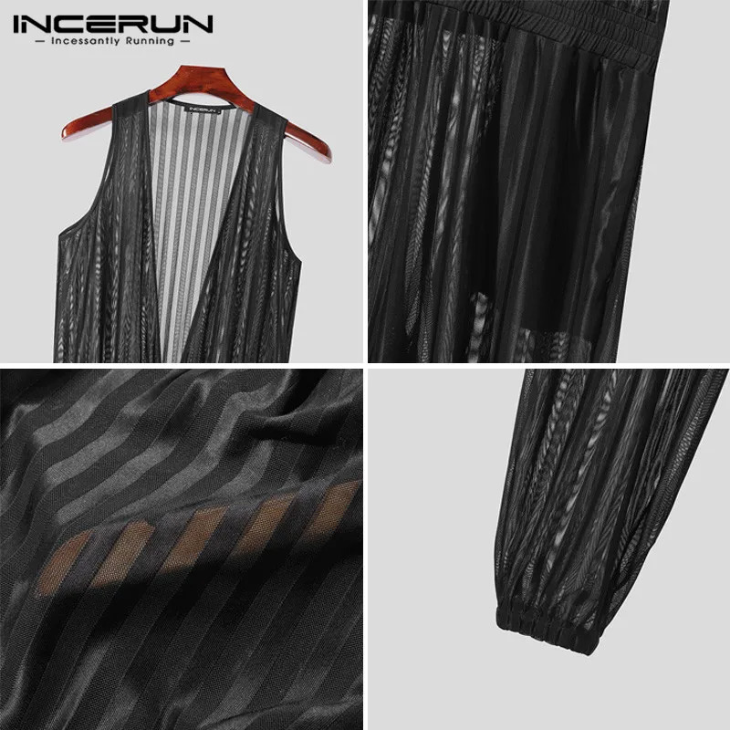 INCERUN 2024 American Style Jumpsuits Mens Striped Perspective n Rompers Stylish Streetwear Deep V S5XL 250804