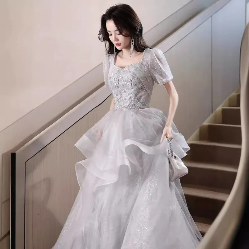 2025 Womens Summer Banquet Grey Mesh Evening Dress Fashion Square Leader Years Presidents Slim Performance Dress 250728