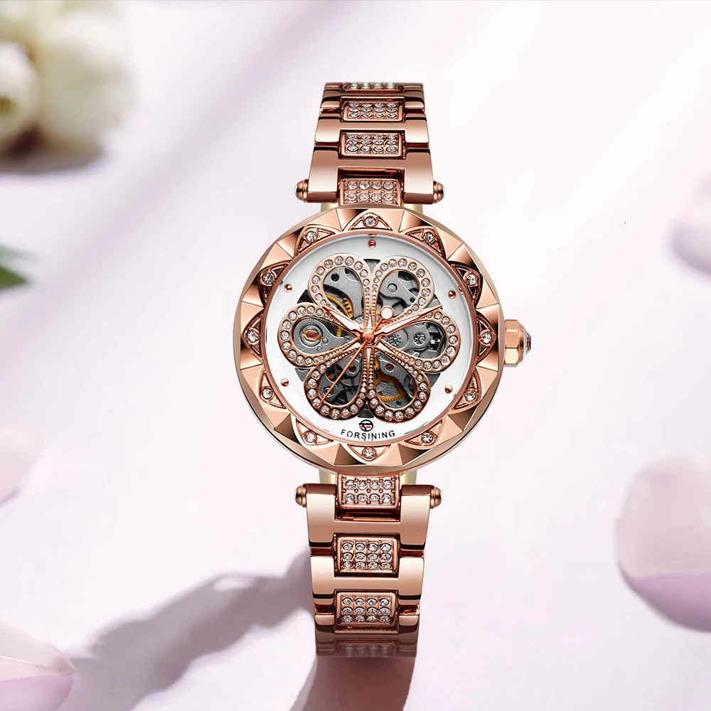 FORSINING Romantic Womens Automatic Mechanical Watches Skeleton Rhinestone Luminous Stainless Steel Stylish Female Wristwatches 250807