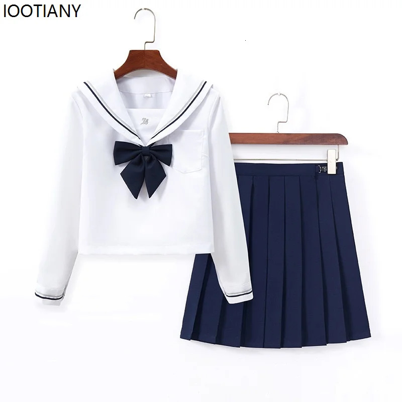 Japanese Female Student Jk Skirt Suit White Basic Style College Sailor Bow Pleated High School Uniform 250729