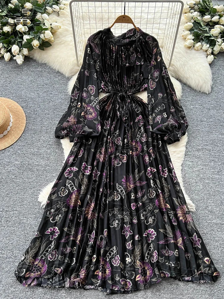 SINGREINY Elagant Print Pleated Dress Female Lantern Sleeves Temperament Bow Lace Up n Women Fashion Evening Dresses 250728