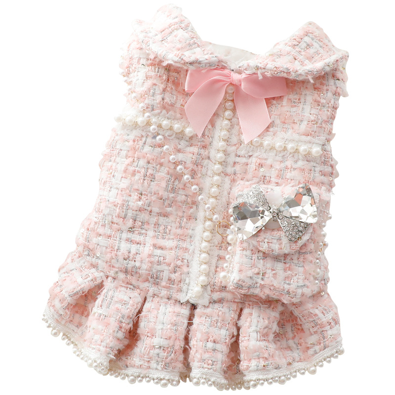 Dog dress Pet Gown Elegant Pearl Trim Tweed with Boutique Bow & Beaded Chain Purse