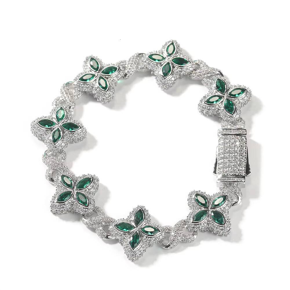 Hip Hop Fashion Bracelet 13mm Brass Blue Silver Colored Diamond Four Leaf Clover Infinity Link for Parties and Lovers