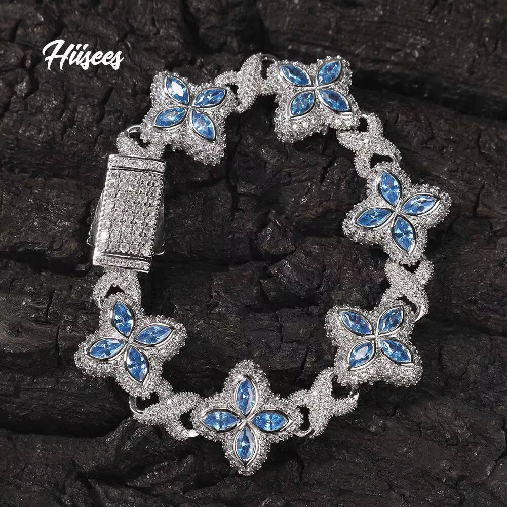 Hip Hop Fashion Bracelet 13mm Brass Blue Silver Colored Diamond Four Leaf Clover Infinity Link for Parties and Lovers