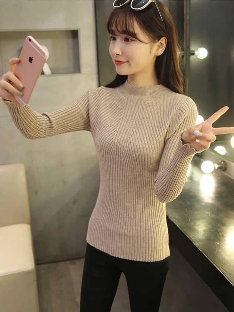 2025 Autumn Mock Neck Ruffles Long Sleeve Knitted Bottoming Solid Pullovers Stripe Women Casual Sweater Winter dongdumaoyi