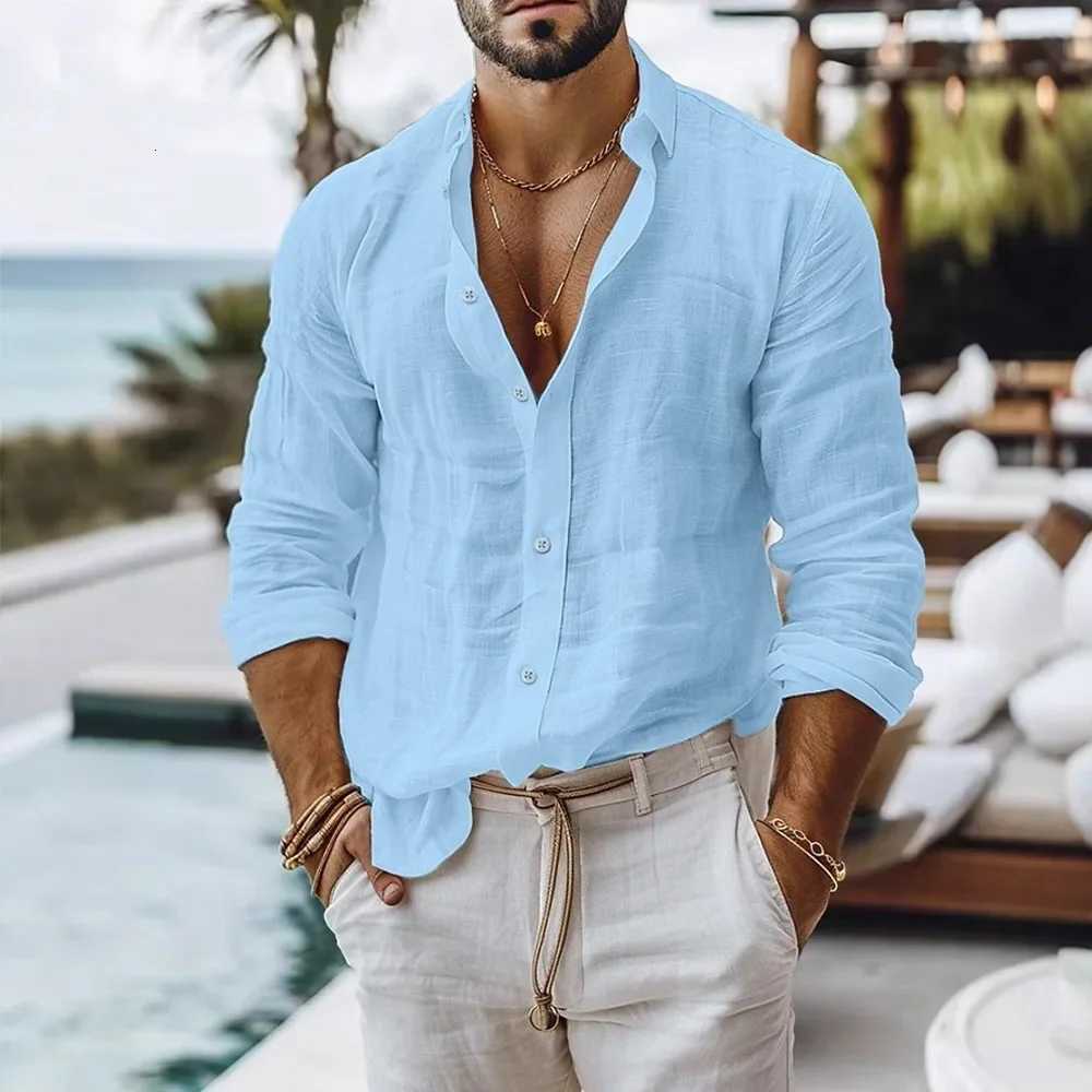 100% Cotton Linen Shirt for Men Summer Beach Style Solid Color Single Breasted Breathable Shirts Lightweight Stylish Button Tops W250808