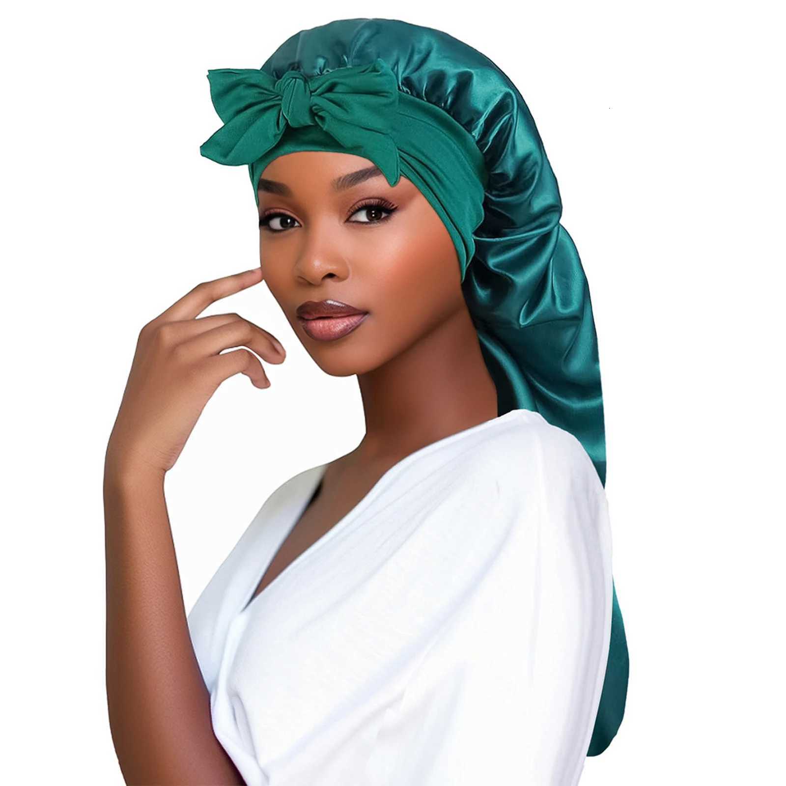 Women Bonnet Satin Sleeping Hat Long Tail Braid Hair Night Sleep Cap Head Cover Bonnets Shower Caps For Sauna Bathing Bonnet Z250808