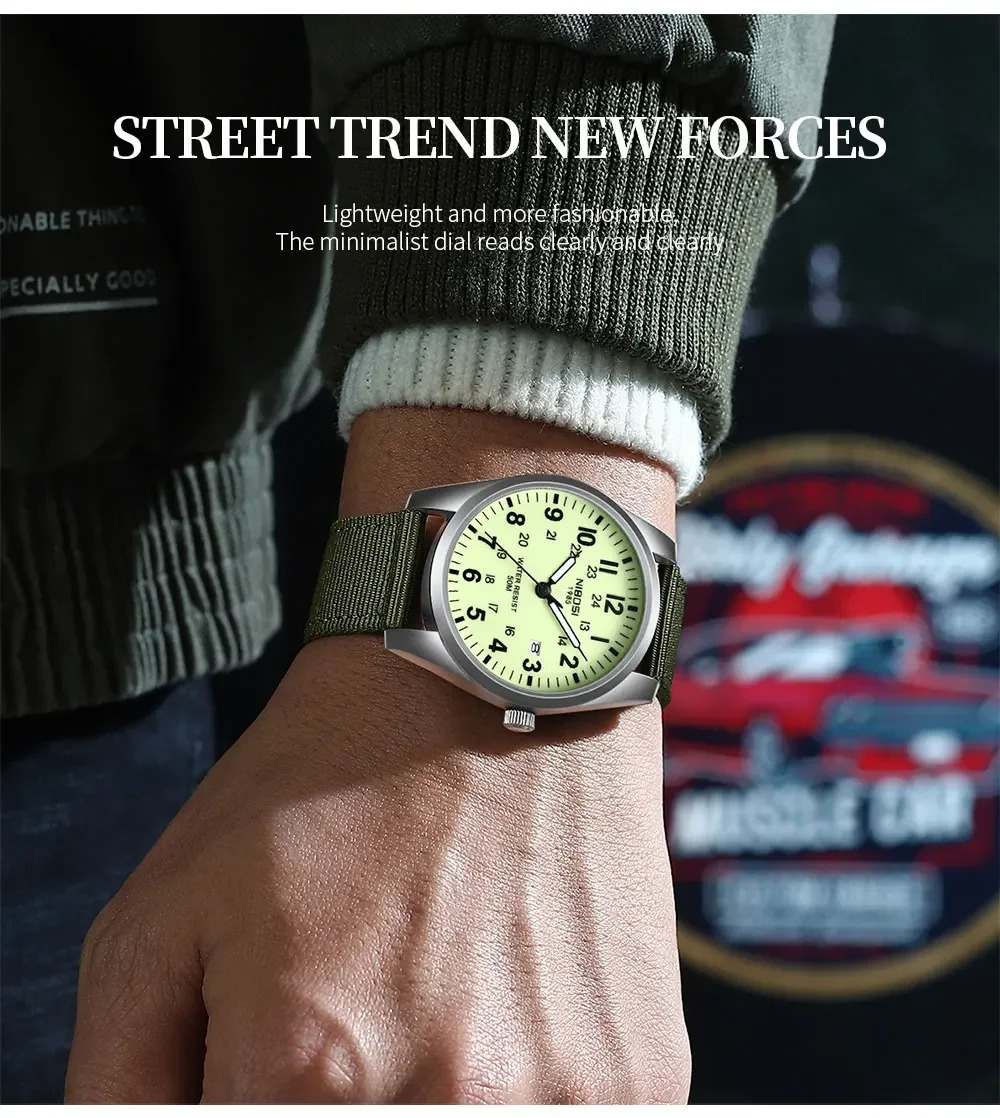 NIBOSI Fashion Mens Watches Luminous Nylon Band Military Watch For Men Army Quartz Sports Shock Clock Wristwatches Reloj Hombre 250807