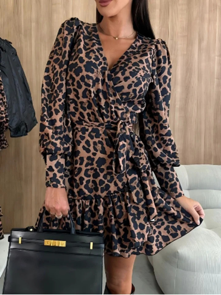 Womens Leopard Printed Dresses V-Neck Lace Up Bubble Long Sleeved Sexy Dress Elegant Dating Autumn Mini Dress 250728