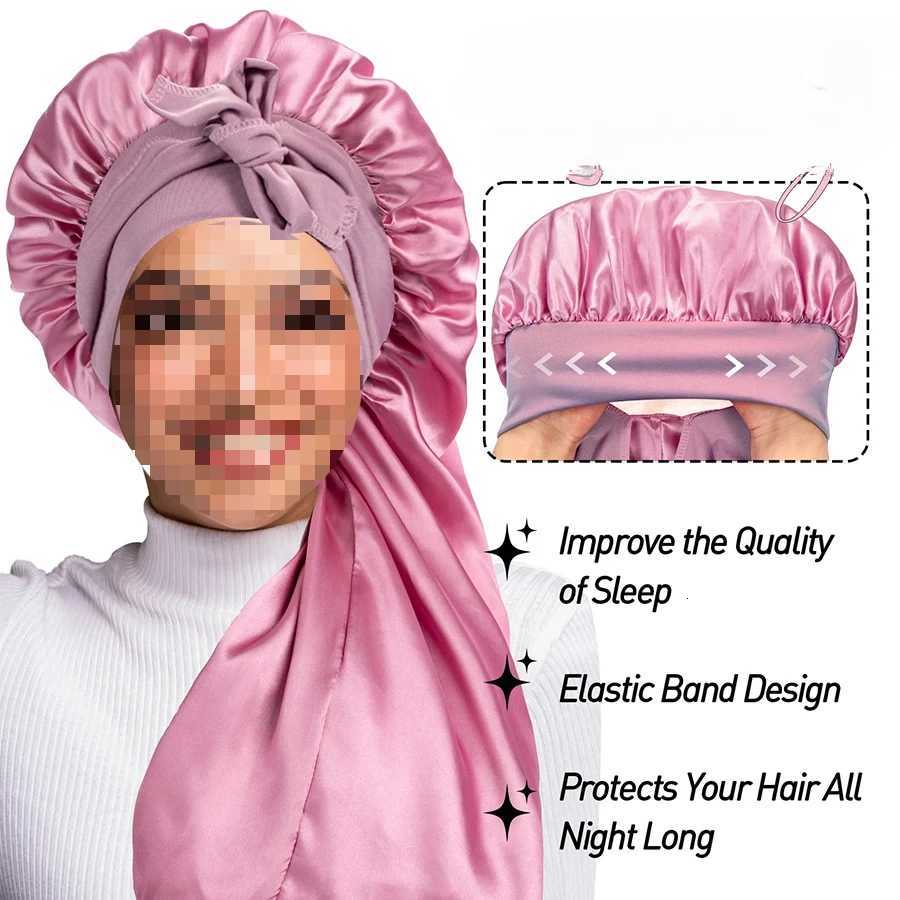 Ekstra Large Hair Long Silk Bonnet Cap With Elastic Satin Hair Band Comfortable Head Cover Night Sleep Hat For Sleeping Shower Z250808