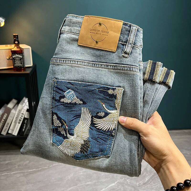 LB8518 Light trend embroidery jeans men's Slim small feet new tide elastic leisure hundred trousers