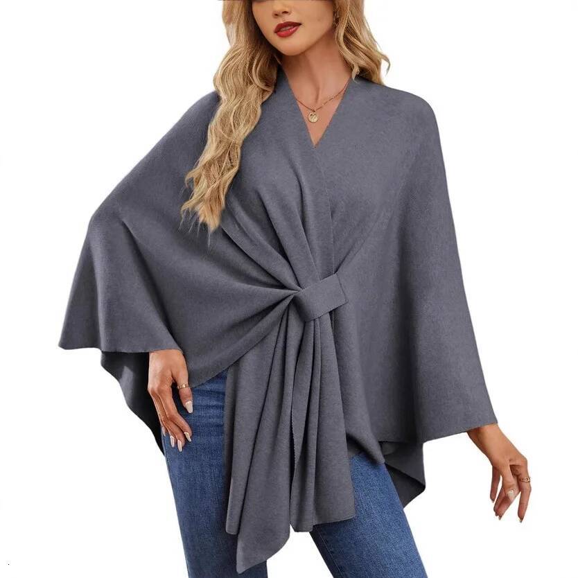 Women's Trendy Autumn And Winter Loose V-Neck Cape Elegant Shawl Wraps Casual Solid Color Soft Open Front Poncho bat shirt dongdumaoyi
