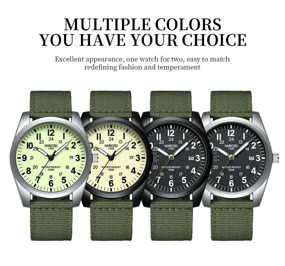 NIBOSI Fashion Mens Watches Luminous Nylon Band Military Watch For Men Army Quartz Sports Shock Clock Wristwatches Reloj Hombre 250807