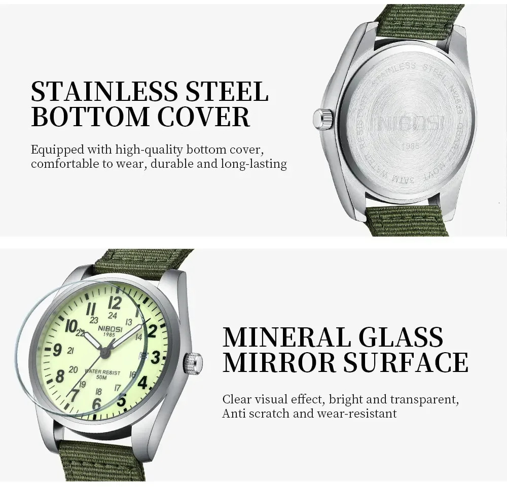 NIBOSI Fashion Mens Watches Luminous Nylon Band Military Watch For Men Army Quartz Sports Shock Clock Wristwatches Reloj Hombre 250807