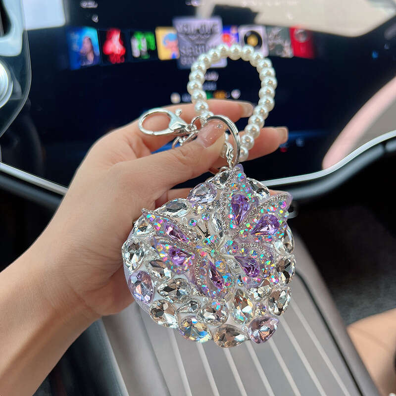 New 3D Butterfly Glass Diamond Heart Keychain Creative Crystal Portable Folding Mirror Bag Pendant for Women