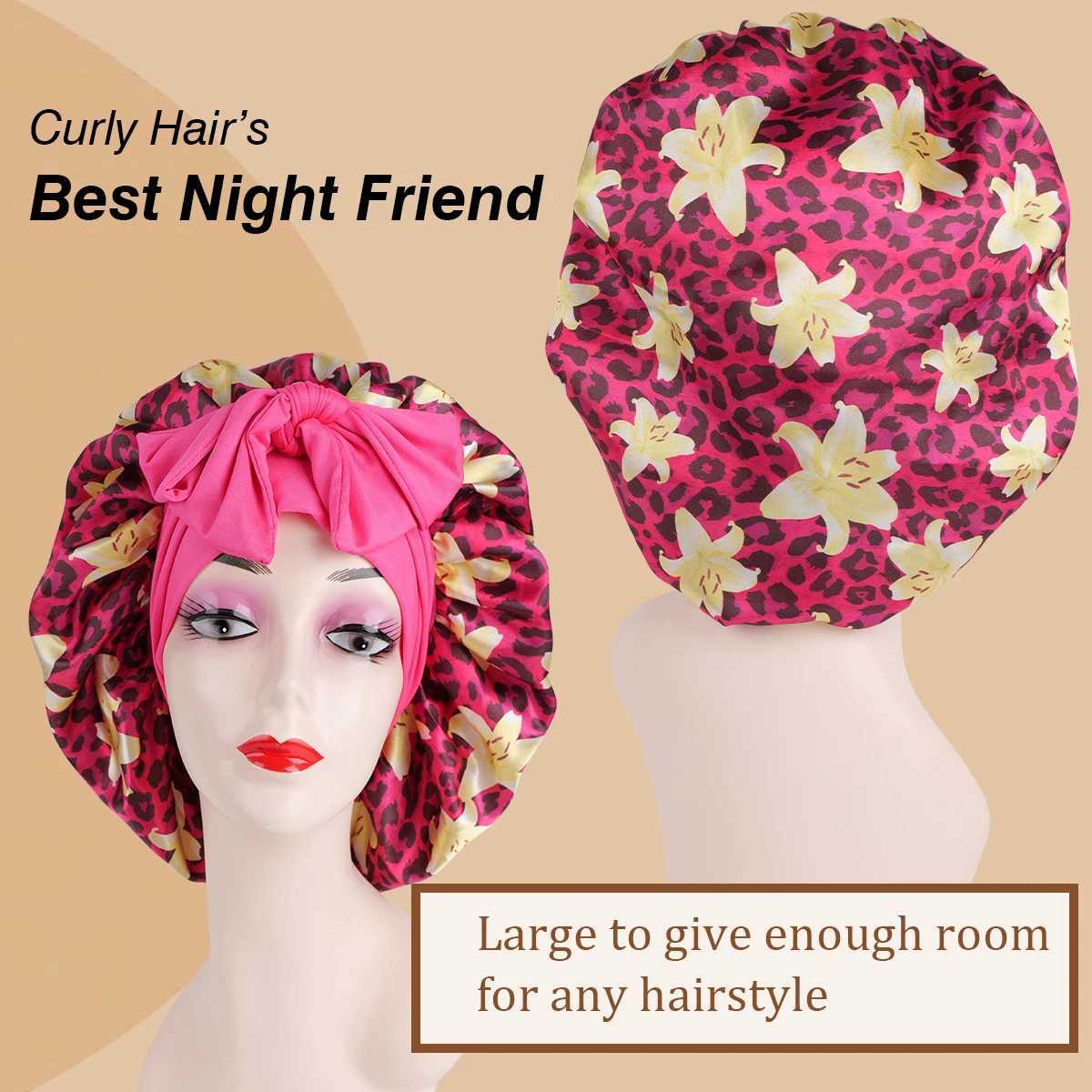 1PC Leopard Print Silky Satin Sleep Bonnet with Adjustable Tie Band for Natural Curly Hair Night Shower Hair Cover Z250808