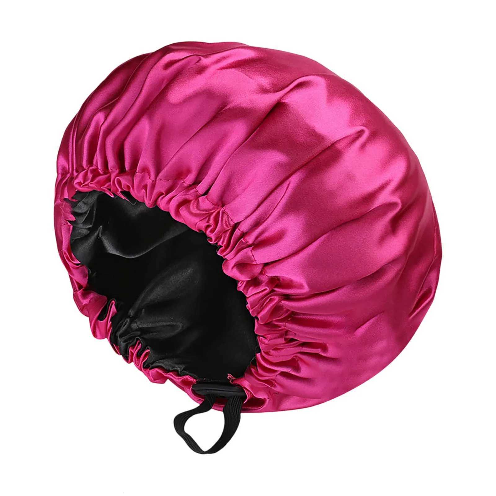 Womens Satin Shower Caps Solid Bonnets Wide-Brimmed Night Sleeping Bathing Hat Unisex Head Wrap Elastic Band Hair Care Bonnet Z250808