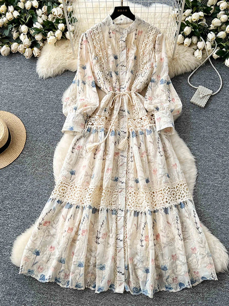 Spring Autumn Style Lace Splicing Dress for Women French Retro Long Sleeve Printed Embroidered Long Dress D02 250728