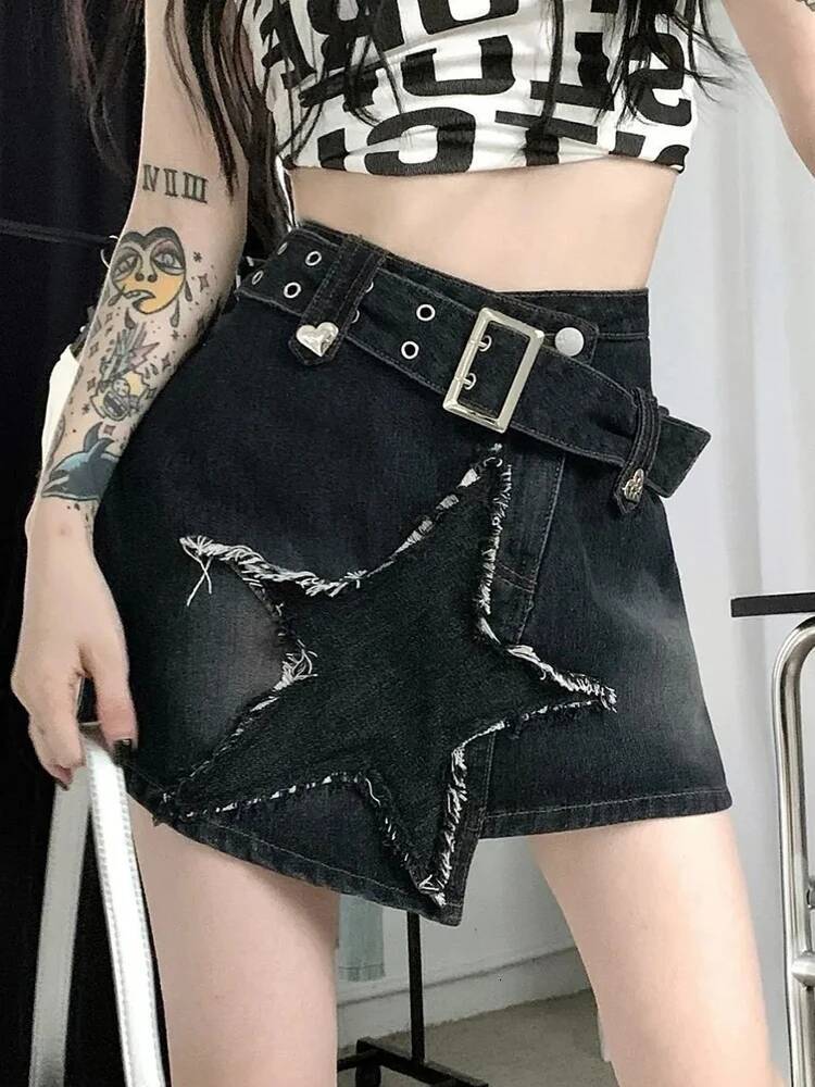 2025 Summer New Women's Zoki Retro Star Y K Cowboy Skirt High Waist Harajuku Belt Black Mini American Street Wear fashion Gothic Designer