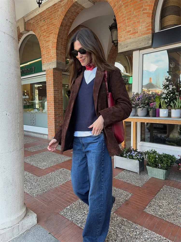 Women s Suede jacket Vintage Laple Full Sleeve Pockets Thicken Outwears Female Spring Fashion Lady Demi-season jacket 250805