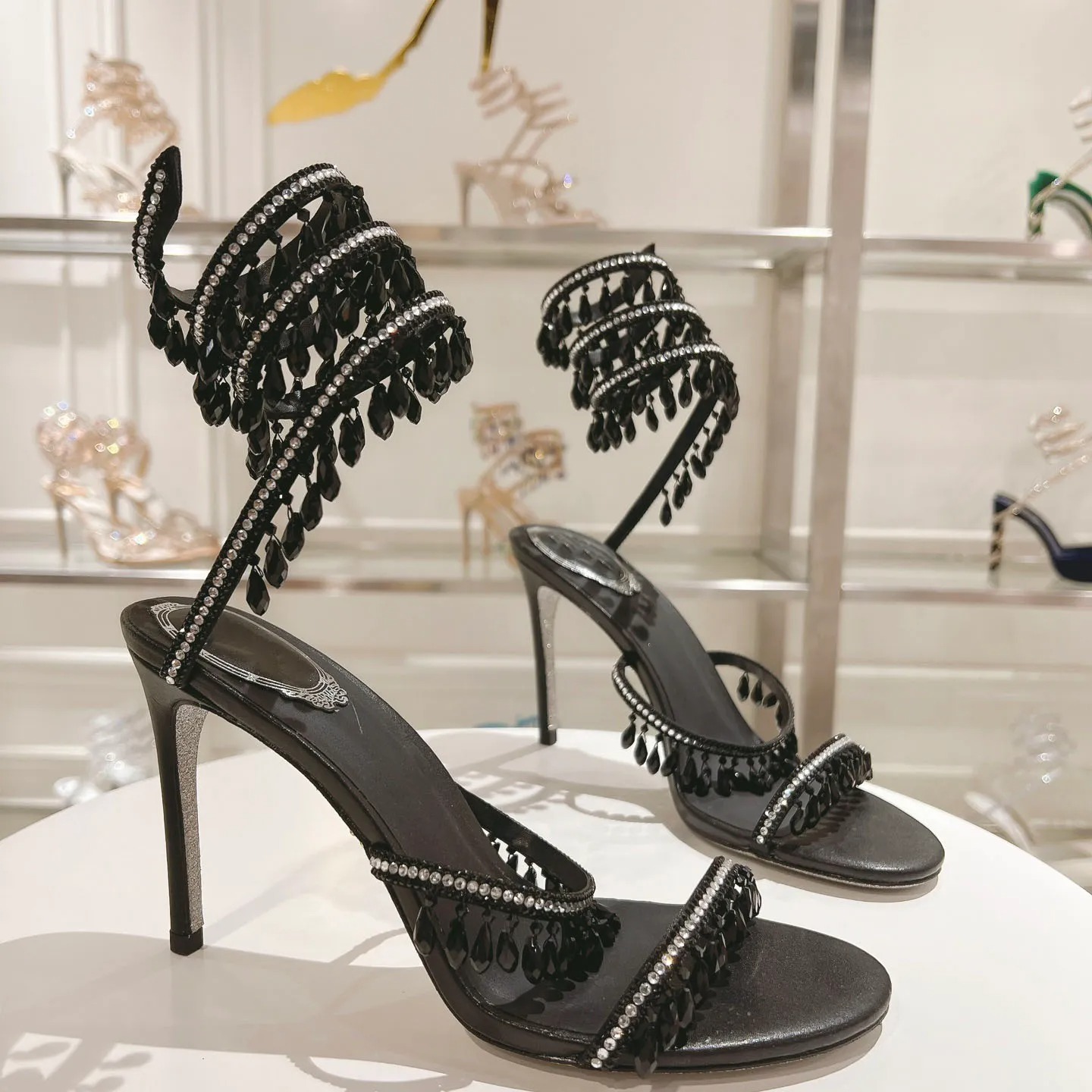 Summer Serpentine Wrapped Shining Rhinestone High Heel Sandals Women's Pendant Tassel Open Toed Sandalias Banquet Wedding Shoes