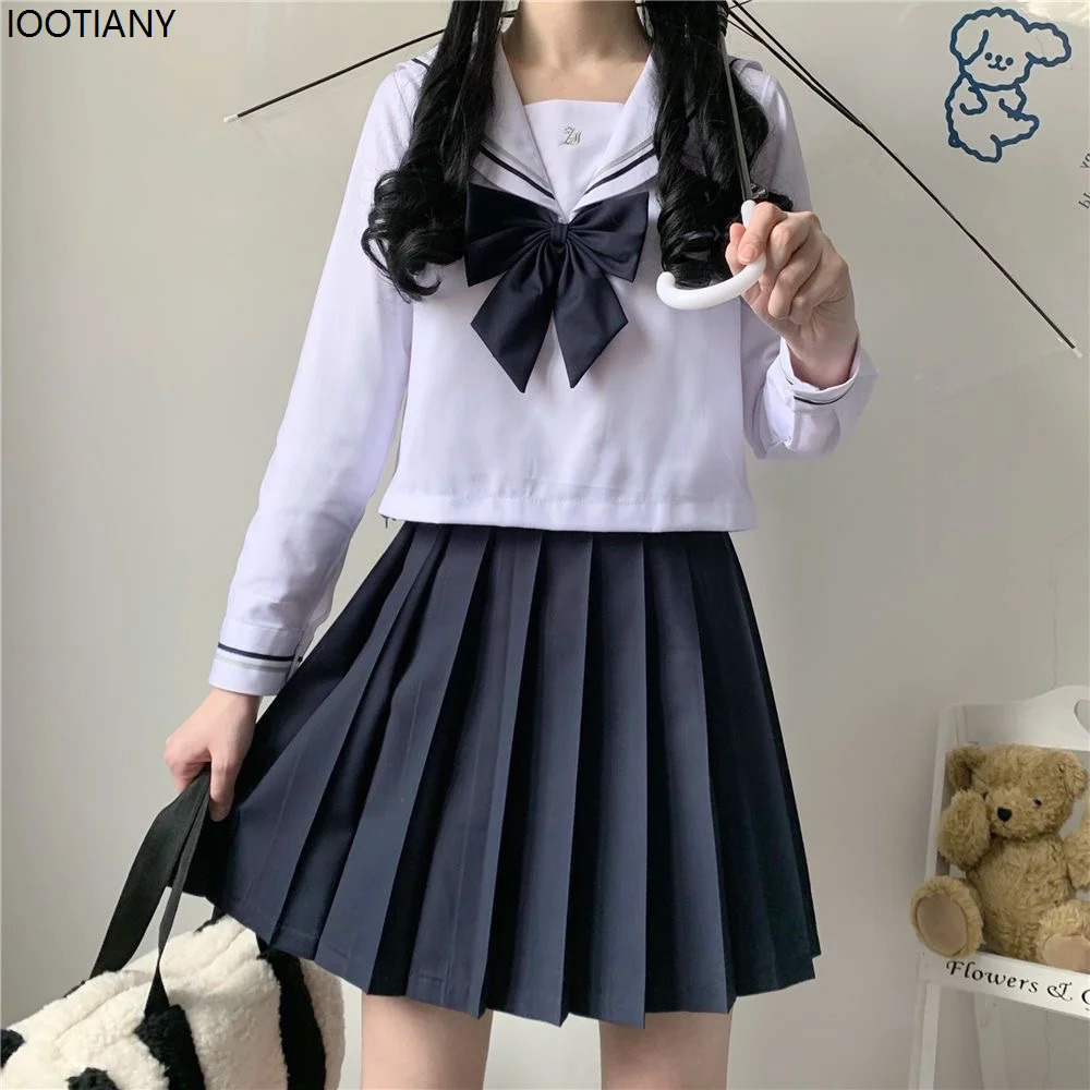Japanese Female Student Jk Skirt Suit White Basic Style College Sailor Bow Pleated High School Uniform 250729