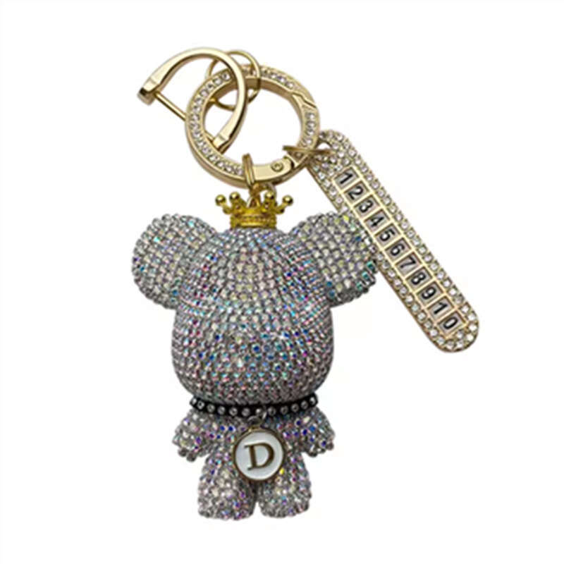 Full Diamond Crown Violent Bear Anti-Lost Number Plate Pendant Unisex Car Keychain Gift