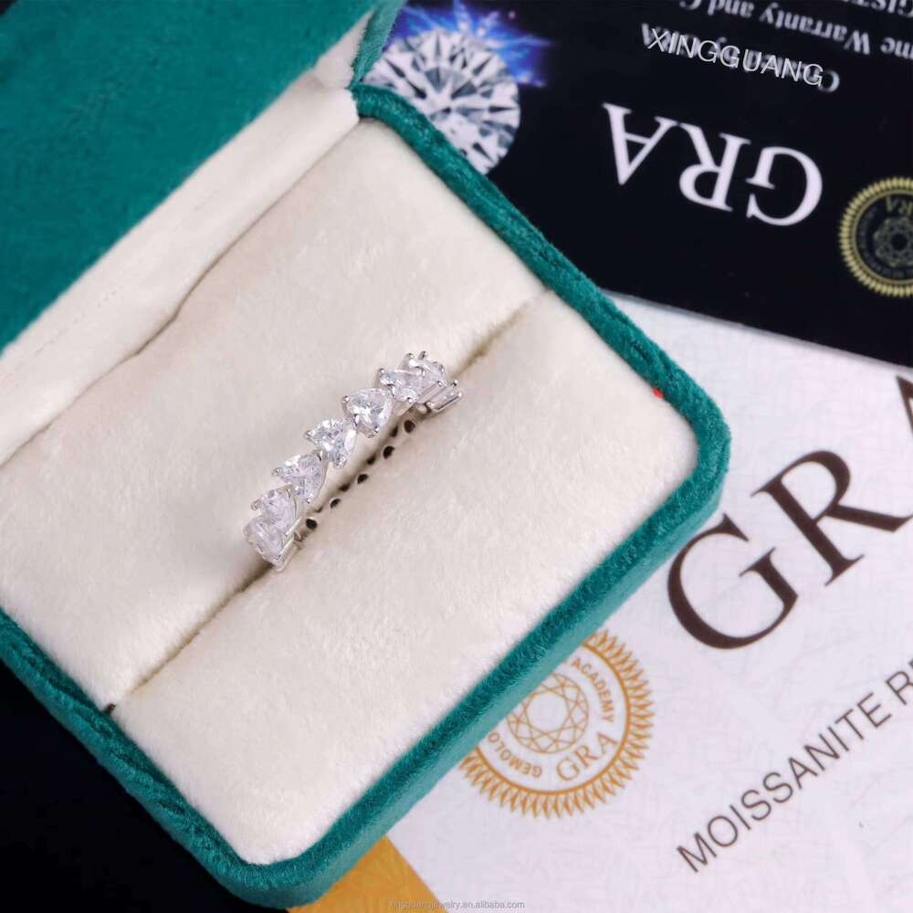Pass Dia Test Heart Moissanite Eternity Band Ring Real 14K White Solid Gold Rings Women Wedding Fashion Jewelry
