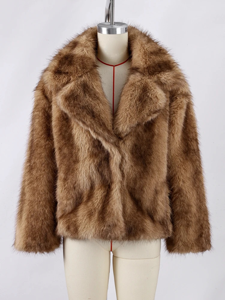 Chic Faux Fur Warm Jacket For Women Vintage Full Sleeve Lapel Coats Lady Autumn Winter Elegant Thicken Female Street Outwear 250806