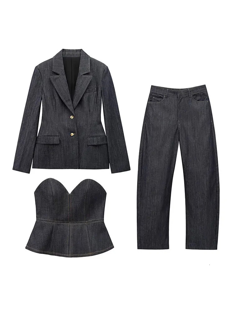 TRAFZA 2025 Spring Women Fashion Denim Blazer Trouser Set Lapel CoatV Neck Corset high Street Zipper Female Wide Leg Jeans 250728