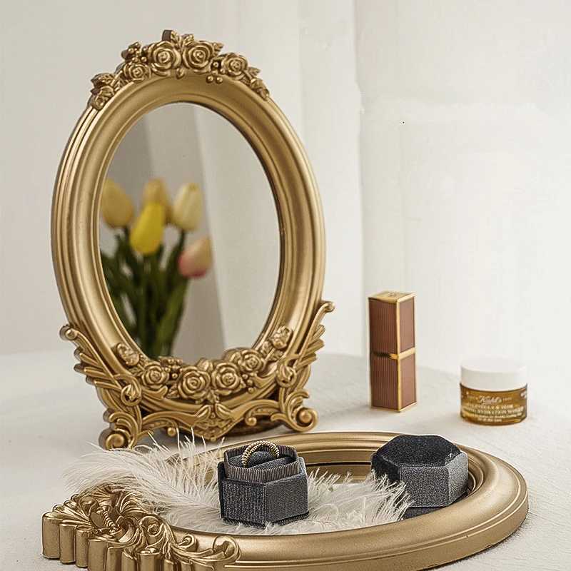rustic French palace style carved frame table mirror gold mirror tray decorative home mirror bedroom table makeup mirror Z250807