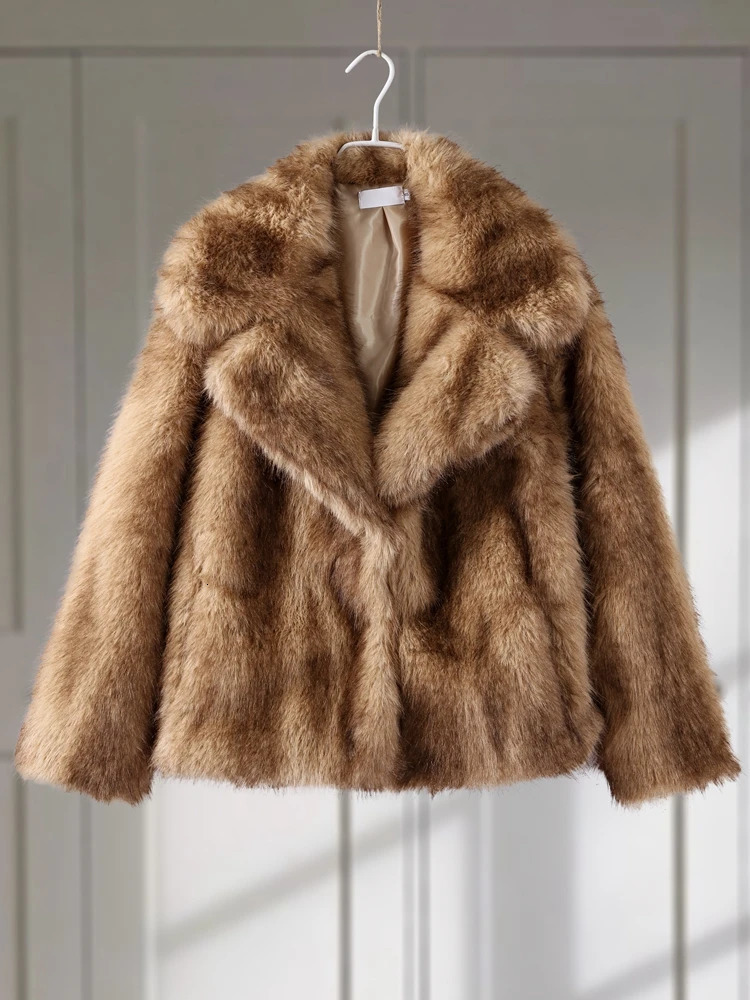 Chic Faux Fur Warm Jacket For Women Vintage Full Sleeve Lapel Coats Lady Autumn Winter Elegant Thicken Female Street Outwear 250806