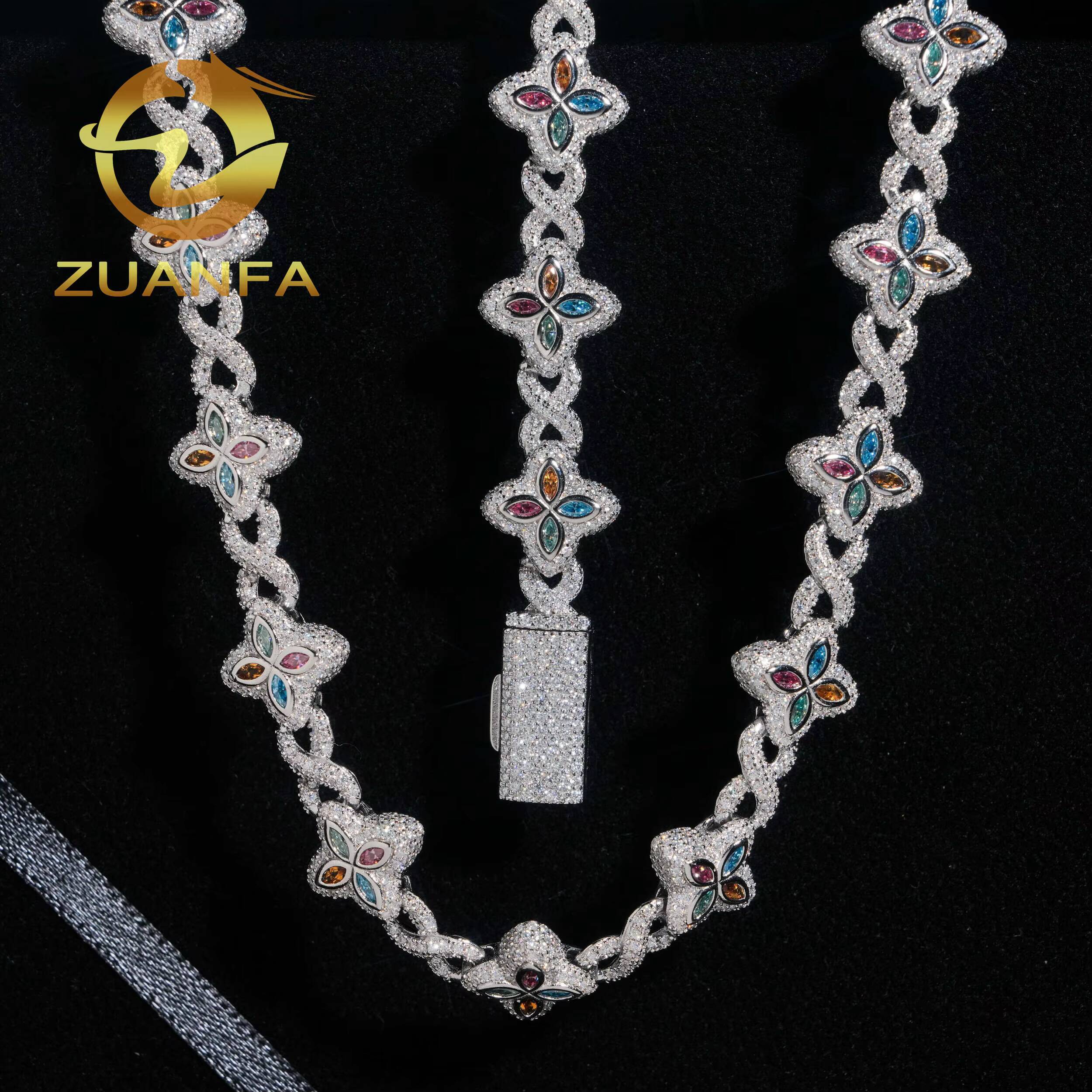 15mm Marquise Flower Hip Hop Jewelry 925 Silver Iced Out Unisex Color Moissanite Cuban Link Chain Set