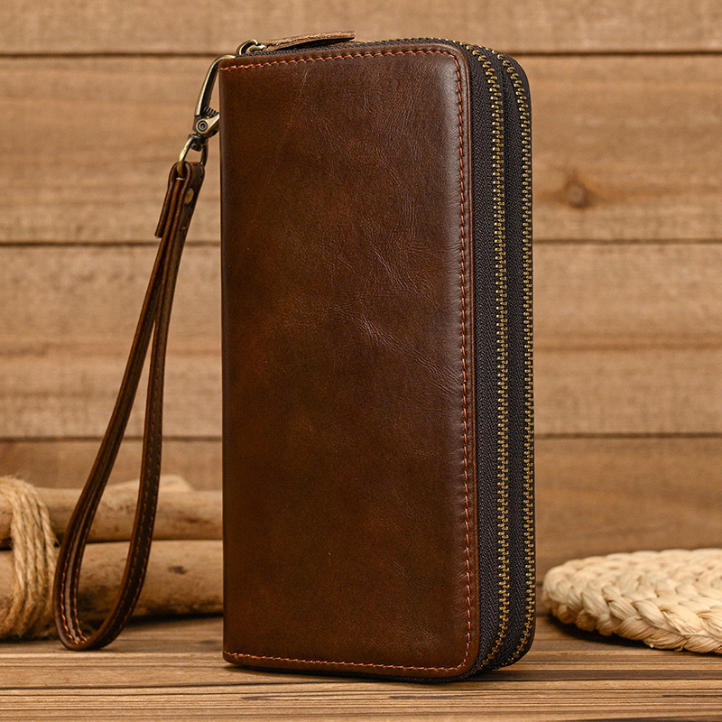 Mens Crazy Horse Leather Long Wallet Genuine Leather Double Zipper Wallet Multi-Card Slots Cowhide Clutch Large Capacity Phone Bag