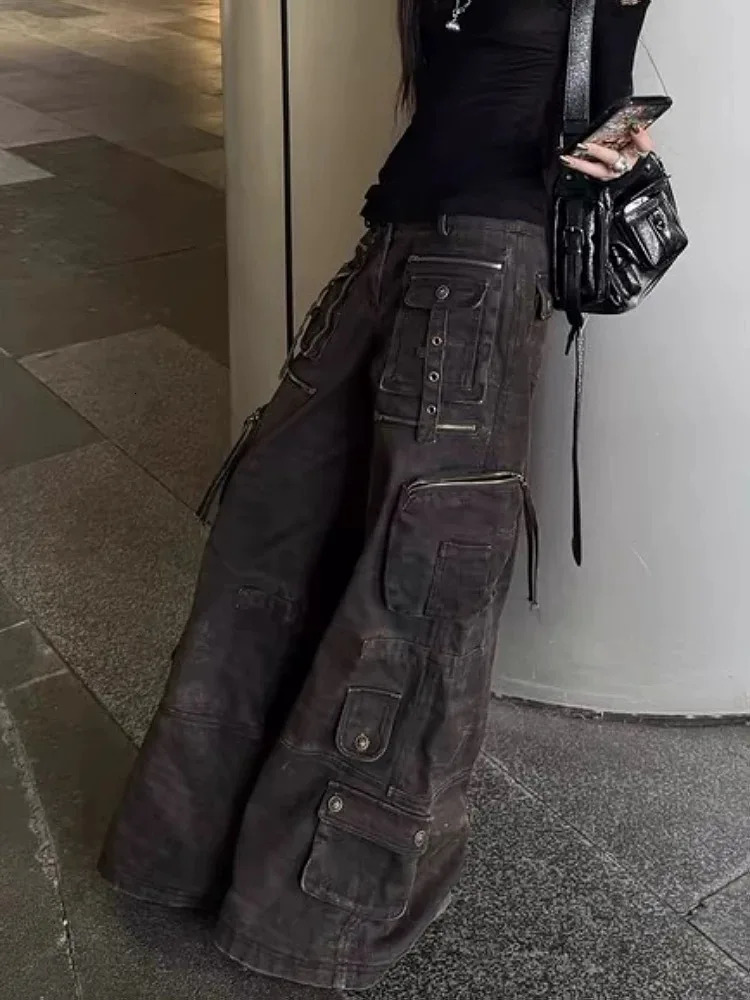 Trashy Y2K Streetwear Multi Pockets Baggy Cargo Jeans Pants Women 90S Vintage Clothes Wide Leg Punk Grunge Lady Trousers 250804