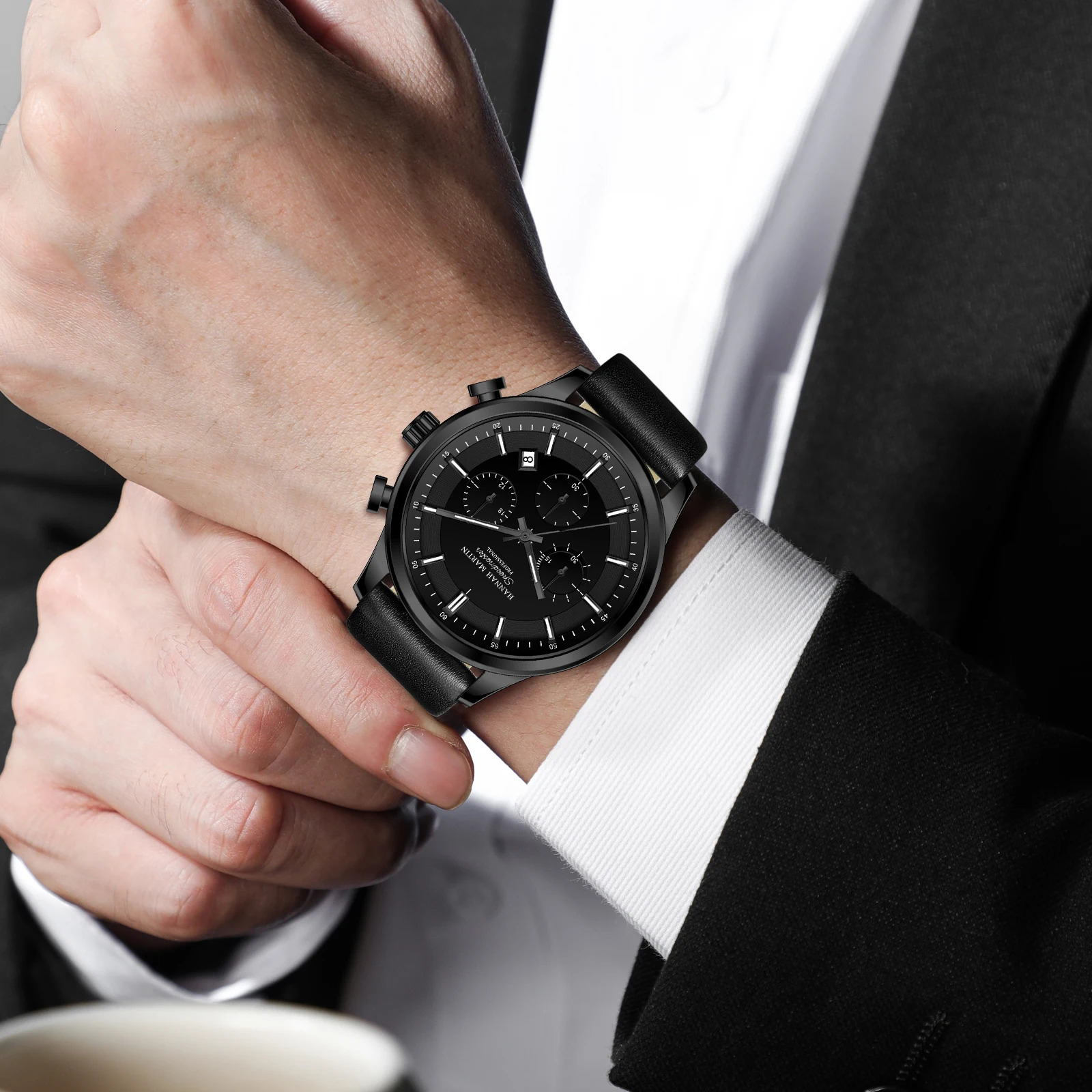 Hannah Martin Men Watch Multifunctional Timing Dial Casual Sports Leather Original Quartz Movement Business Watch for Men 250807