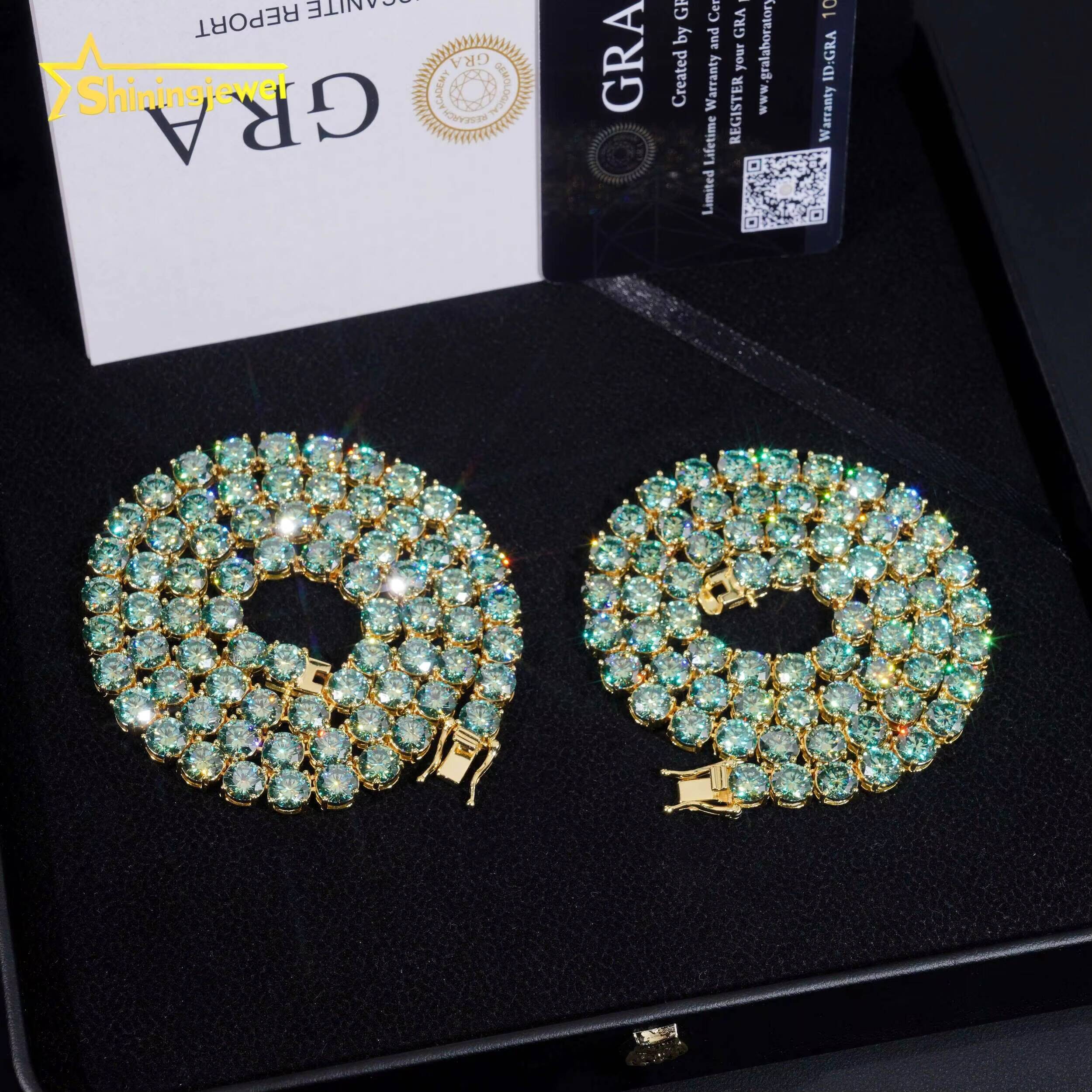 Hip Hop Jewelry 925 Sterling Silver 6.5mm Green Moissanite Tennis Chain GRA Certificated High Quality Men Women Tennis Necklace