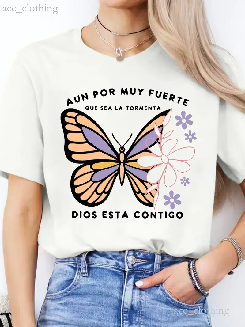 Woman Shirt Spanish letters shirt for woman designer Butterfly pattern print Summer new t shirt woman DIY Custom flower shirt woman 180g 100% cotton t