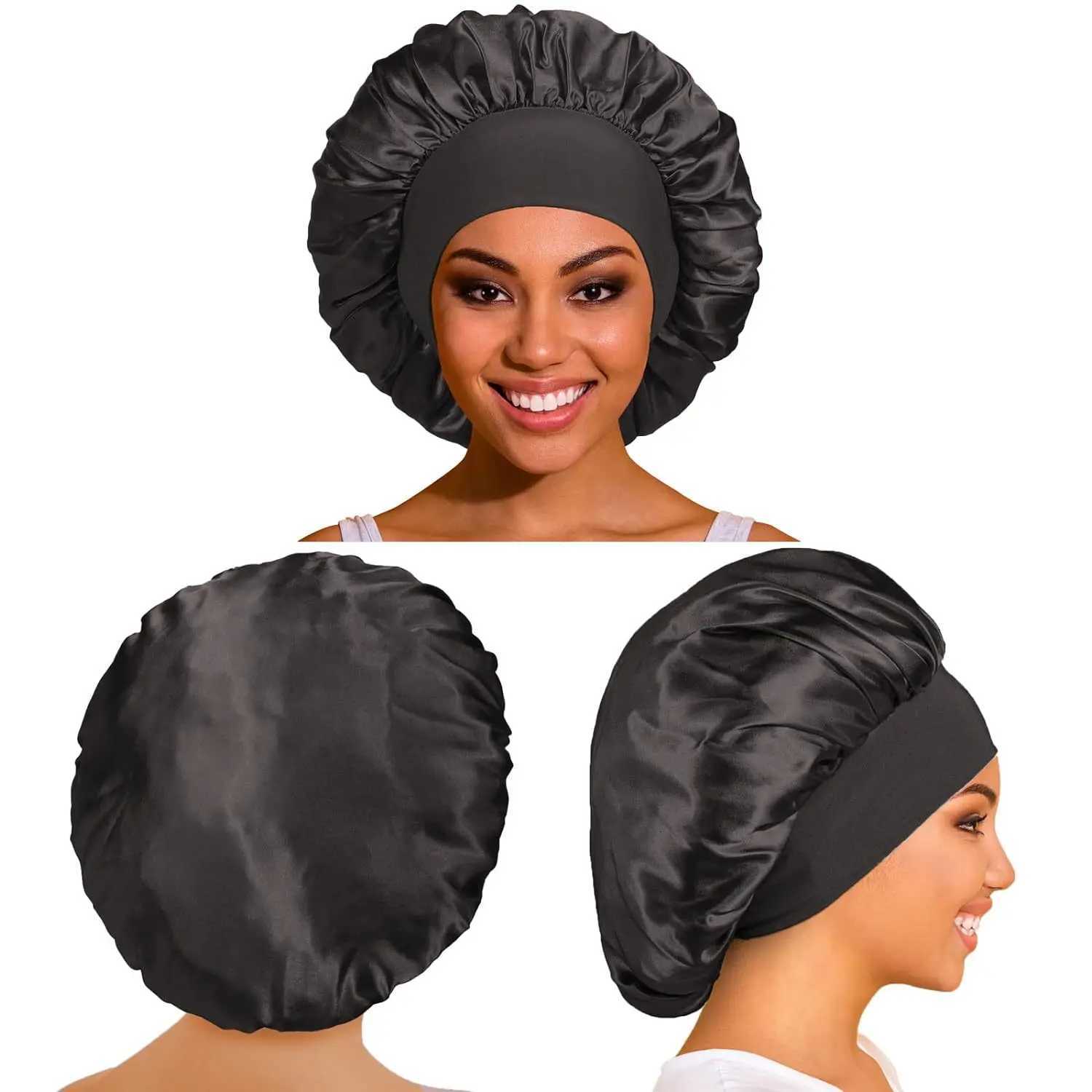1PC Womens Satin Solid Bonnets Wide-brimmed Night Sleeping Bathing Hat Unisex Head Wrap Elastic Band Cap Hair Care Bonnet. Z250808