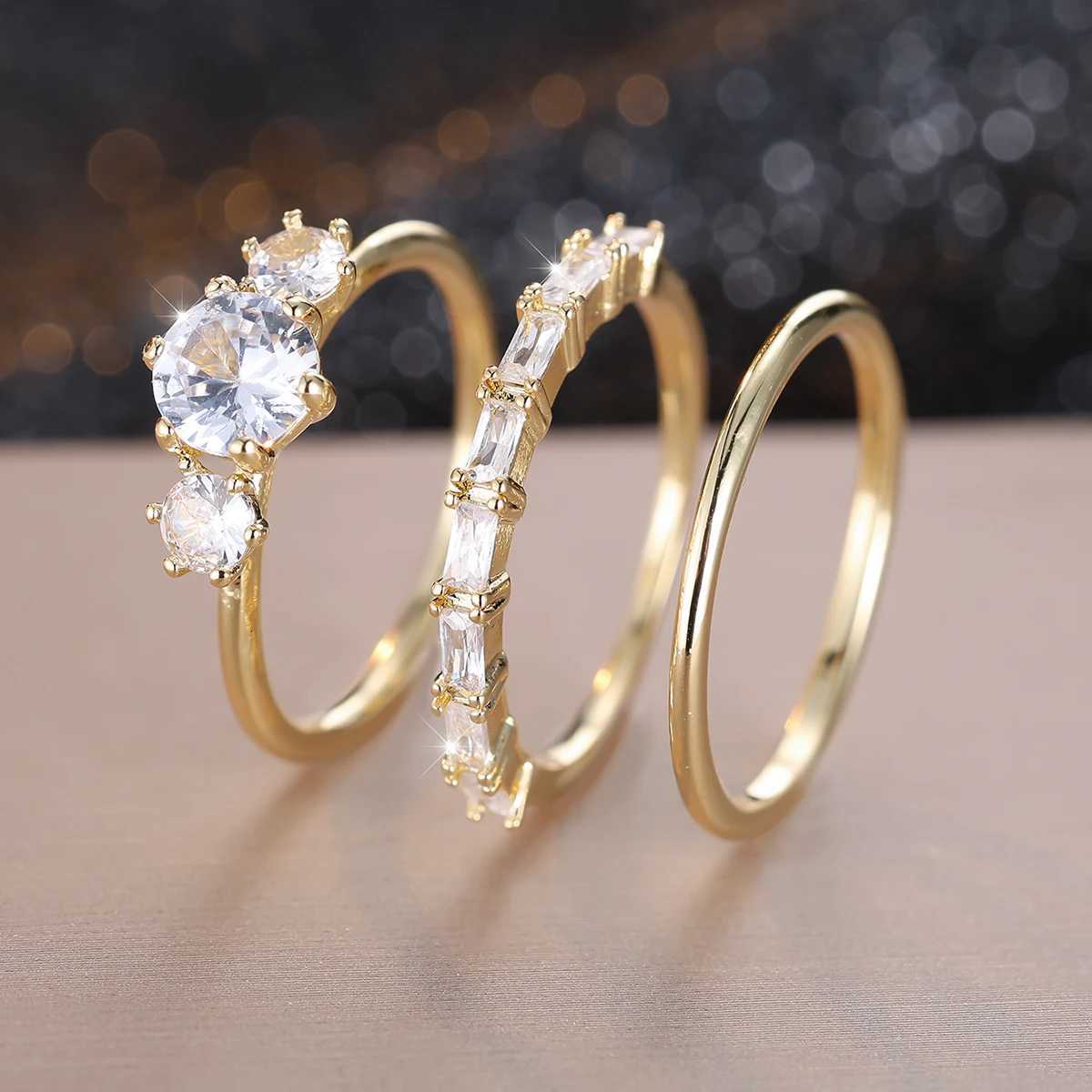 3pcs Luxury Bridal Stacking Thin Ring Sets For Women Gold Color Round White Zircon Wedding Bands Party Mothers Day Jewelry Gifts Y250808