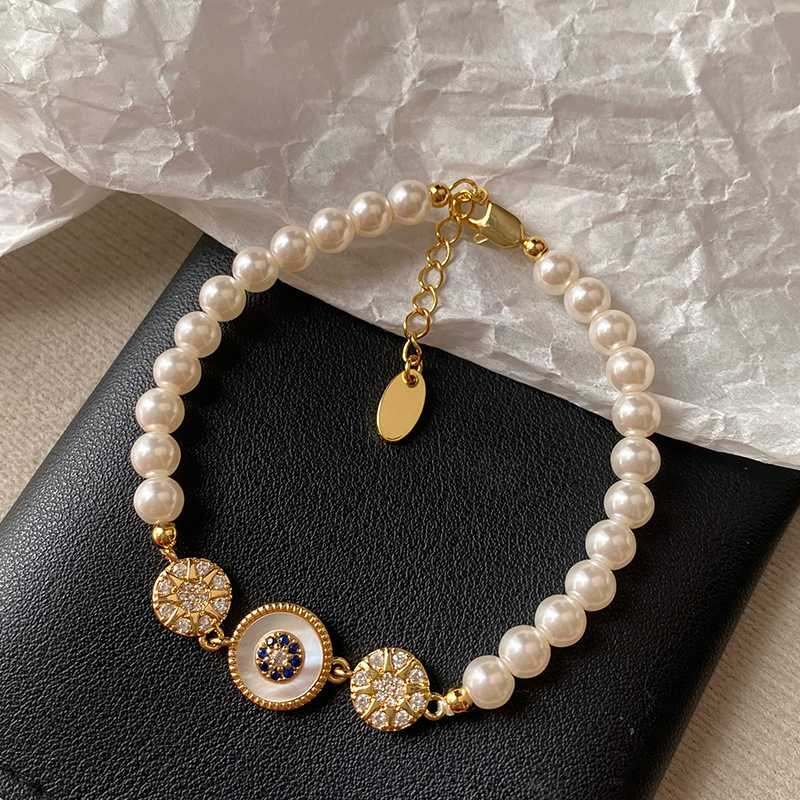 Real Gold Plated Zircon Pearl Beaded French Exquisite Bracelet Light High-end Hand Accessories for Women