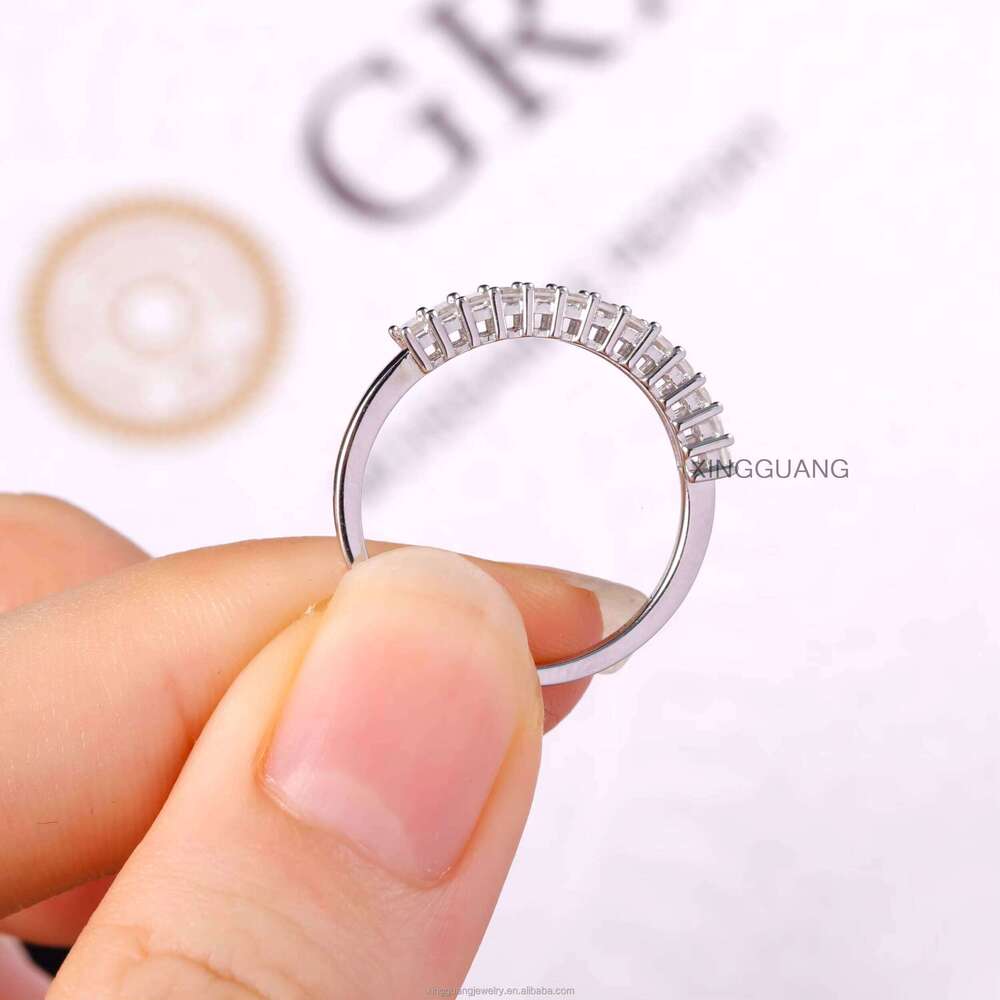 Custom Women Emerald Cut Moissanite Half Eternity Band White Solid Gold for Engagement Wedding Ring Jewelry