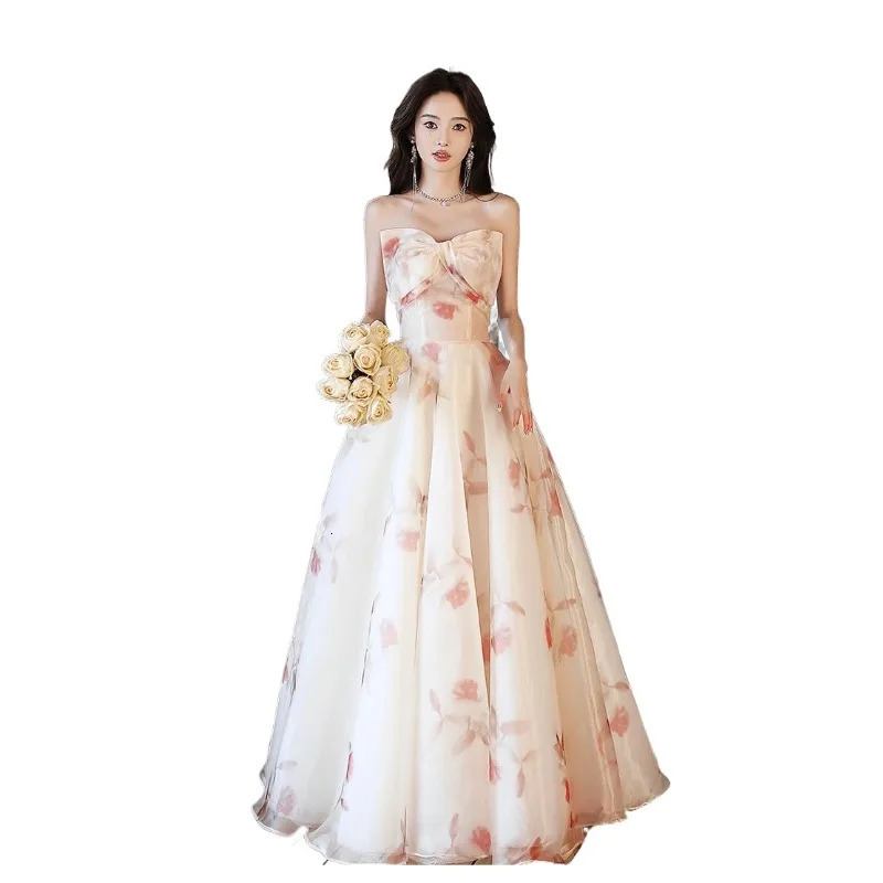 2025 Summer French Super Immortal Bow Strapless Evening Dress Fashionable Slimming Vocal Art Exam Walking Show Banquet Dress 250728