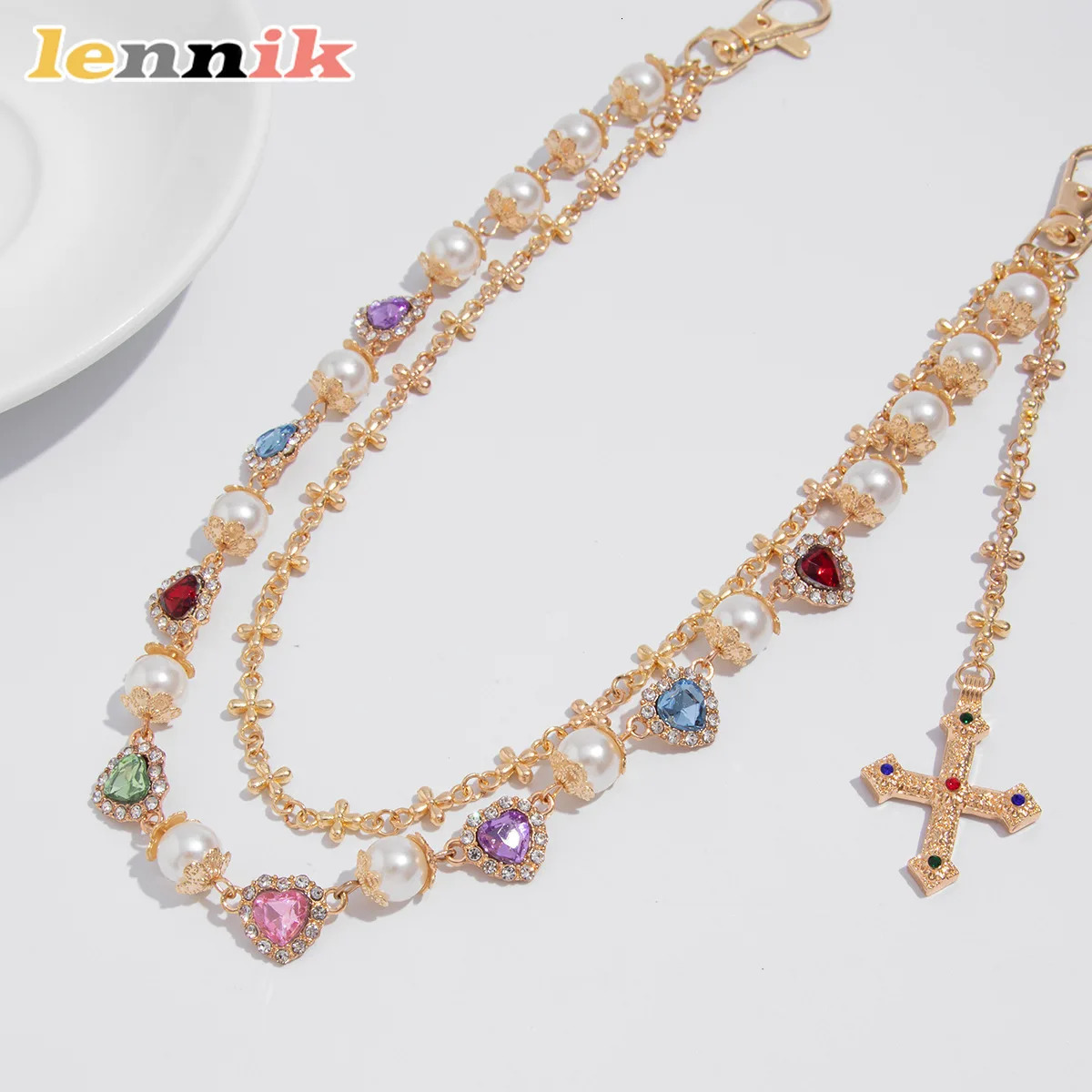 LENNIK Punk Hip Hop Style Rhinestone Cross Pants Chain Creative Colorful Faux Pearl Waist AccessoryStreet/Party Bold Accessory 250807