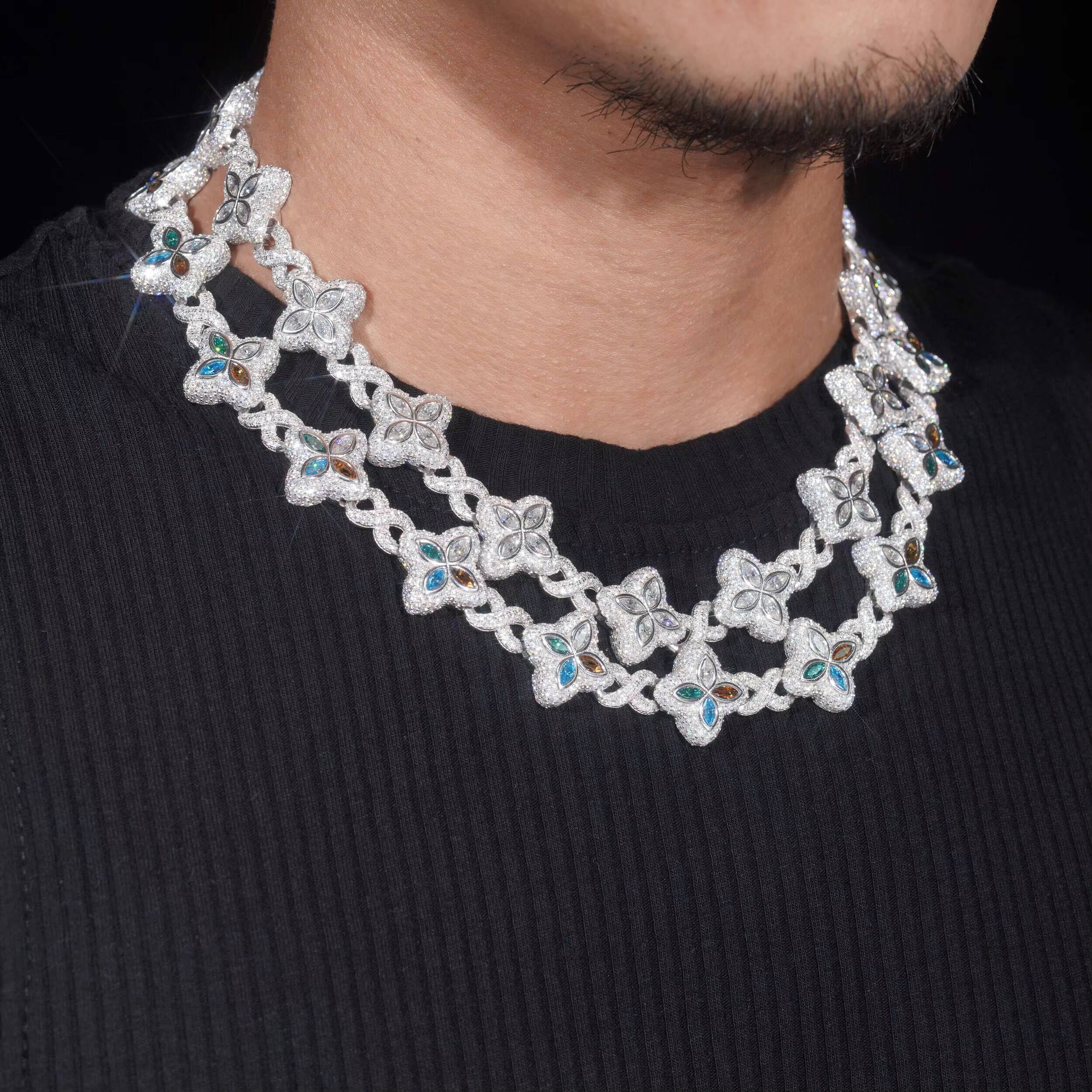 Rapper Hip Hop Jewelry Iced Out Moissanite Necklace 925 Silver Colored Four Leaf Clover VVS Moissanite Cuban Link Chain