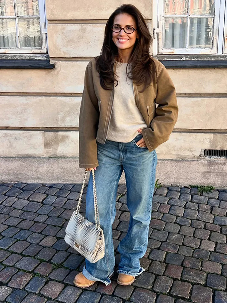 Vintage Suede Lapel Zipper Short Jacket Women Casual Loose Solid Pocket Jackets Female Versatile Fashion Street Outwear 250805