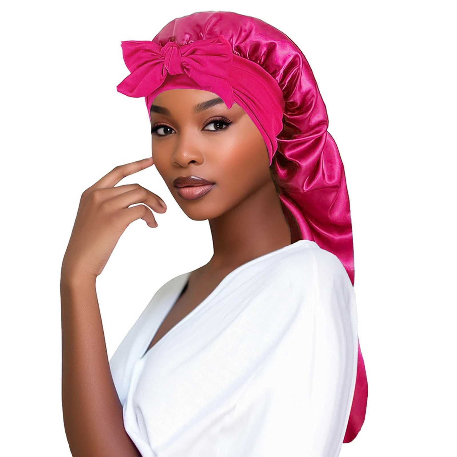 Women Bonnet Satin Sleeping Hat Long Tail Braid Hair Night Sleep Cap Head Cover Bonnets Shower Caps For Sauna Bathing Bonnet Z250808
